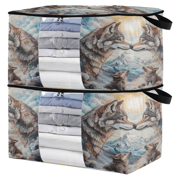 WOBOGO Two Wolf Kings Clothes Storage 2Pack Foldable Thick Fabric Blanket Organizer Bag with Handle 21.65×13.78×12.4in