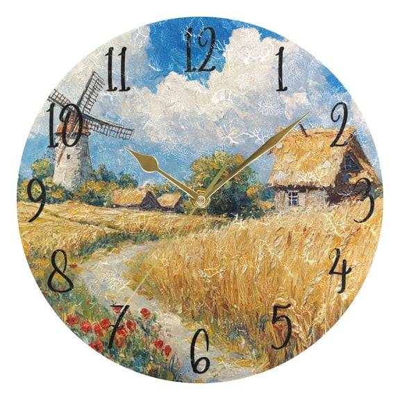 WOBOGO Ukrainian Landscape Wall Clock 10in Silent Mechanism Battery Operated Retro Style for Living Room Bedroom and Kitchen Gold Pointer