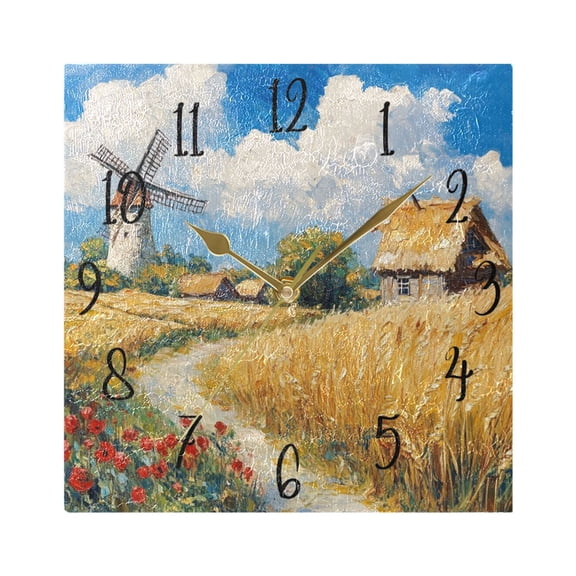 WOBOGO Ukrainian Landscape Wall Clock 7.78 Inch Battery Operated Silent Unit Square Rustic Vintage Style for Home Bedroom Office Gold Pointer