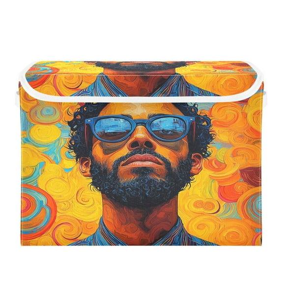 WOBOGO Uncle Art Curly Large Collapsible Storage Box Flip Lid Fabric Decorative Organizer Container Basket with Handles 16.512.611.8in