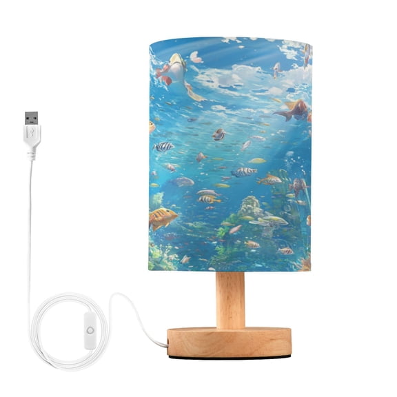 WOBOGO Undersea World Bedroom Table Lamp USB Power Connector Wooden Base Round Linen Shade For Living Room Desk