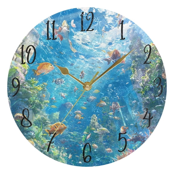 WOBOGO Undersea World Wall Clock 10in Silent Mechanism Battery Operated Retro Style for Living Room Bedroom and Kitchen Gold Pointer