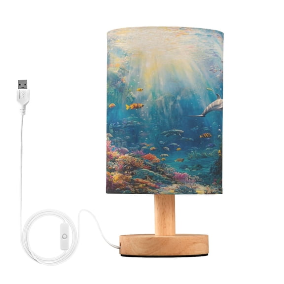 WOBOGO Underwater World Bedroom Table Lamp USB Power Connector Wooden Base Round Linen Shade For Living Room Desk