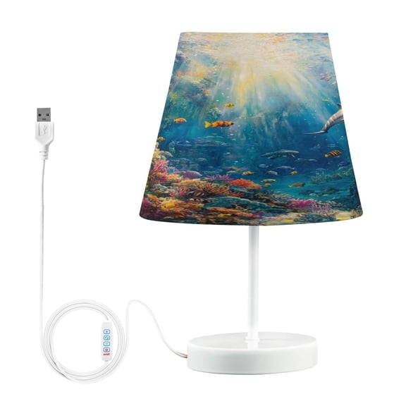 WOBOGO Underwater World Table Lamps Bedroom 3-Speed Dimmable Farm Style with Fabric Shade for Reading and Home Office