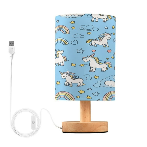 WOBOGO Unicorns Rainbows Blue Pattern Bedroom Table Lamp USB Power Connector Wooden Base Round Linen Shade For Living Room Desk