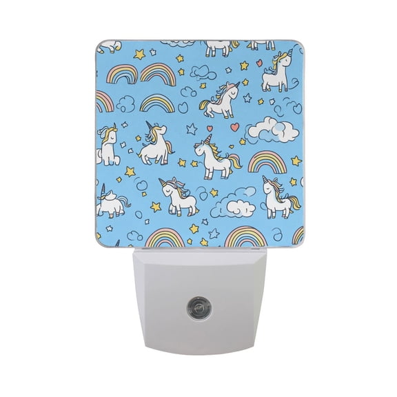 WOBOGO Unicorns Rainbows Blue Pattern LED Night Light 2 Pcs Set 0.5 Watt Wall Plug in Dusk to Dawn Automatic Switch Soft White Light