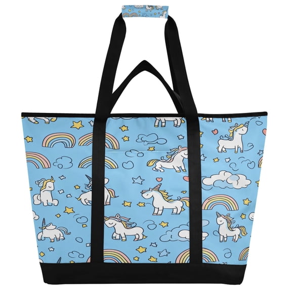 WOBOGO Unicorns Rainbows Blue Pattern Tote Cooler Bag Fold Flat Insulated Shopping Bag With Zipper For Work Picnic Beach Use 18×6.7×24in
