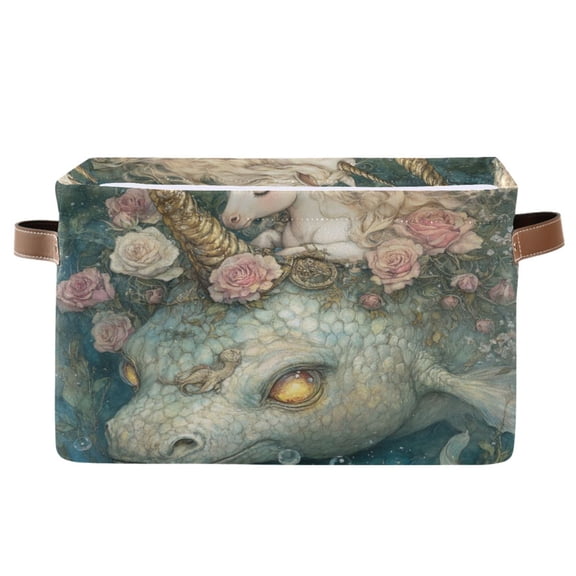 WOBOGO Unicorns and Sea Monsters Square Storage Basket with Waterproof Canvas and PE Lining Durable PU Leather Handles 14.2×10.2×8.3in