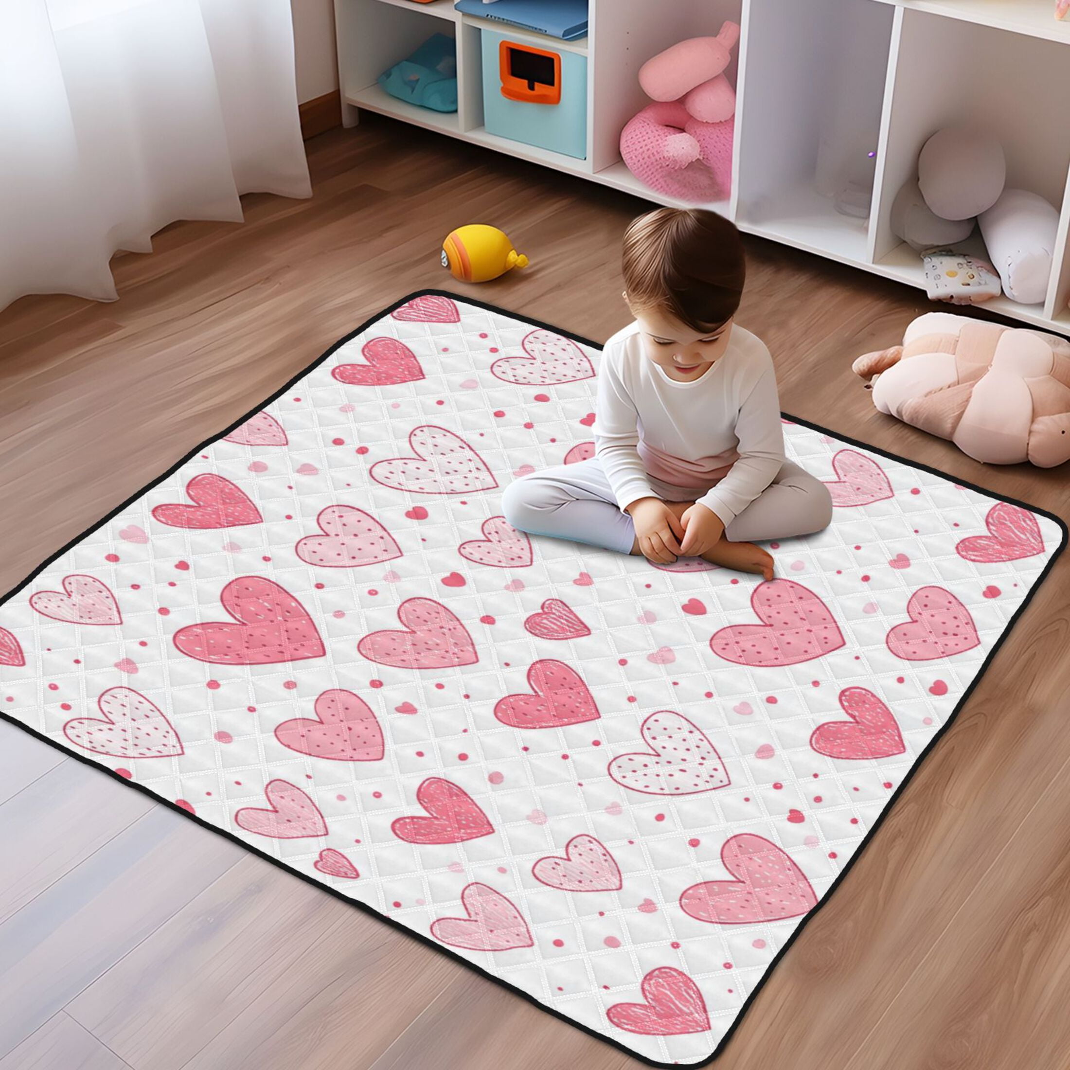 WOBOGO Valentine Day Pink Hearts Pattern Baby Playmats Extra Large Waterproof Rollable Activity Pads for Toddlers 50×50inch