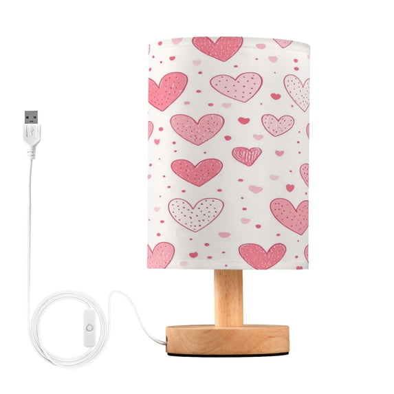 WOBOGO Valentine Day Pink Hearts Pattern Bedroom Table Lamp USB Power Connector Wooden Base Round Linen Shade For Living Room Desk