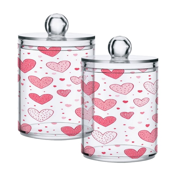WOBOGO Valentine Day Pink Hearts Pattern Transparent Plastic Jar 2pcs Cotton Swabs Balls Pads Floss Stick Dispenser Bathroom Vanity Storage Organizer