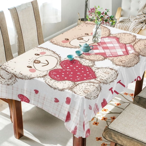 WOBOGO Valentine Teddy Bear Square Tablecloth 54×54in Polyester Fabric Tablecloth Washable Dust Resistant Wrinkle Resistant