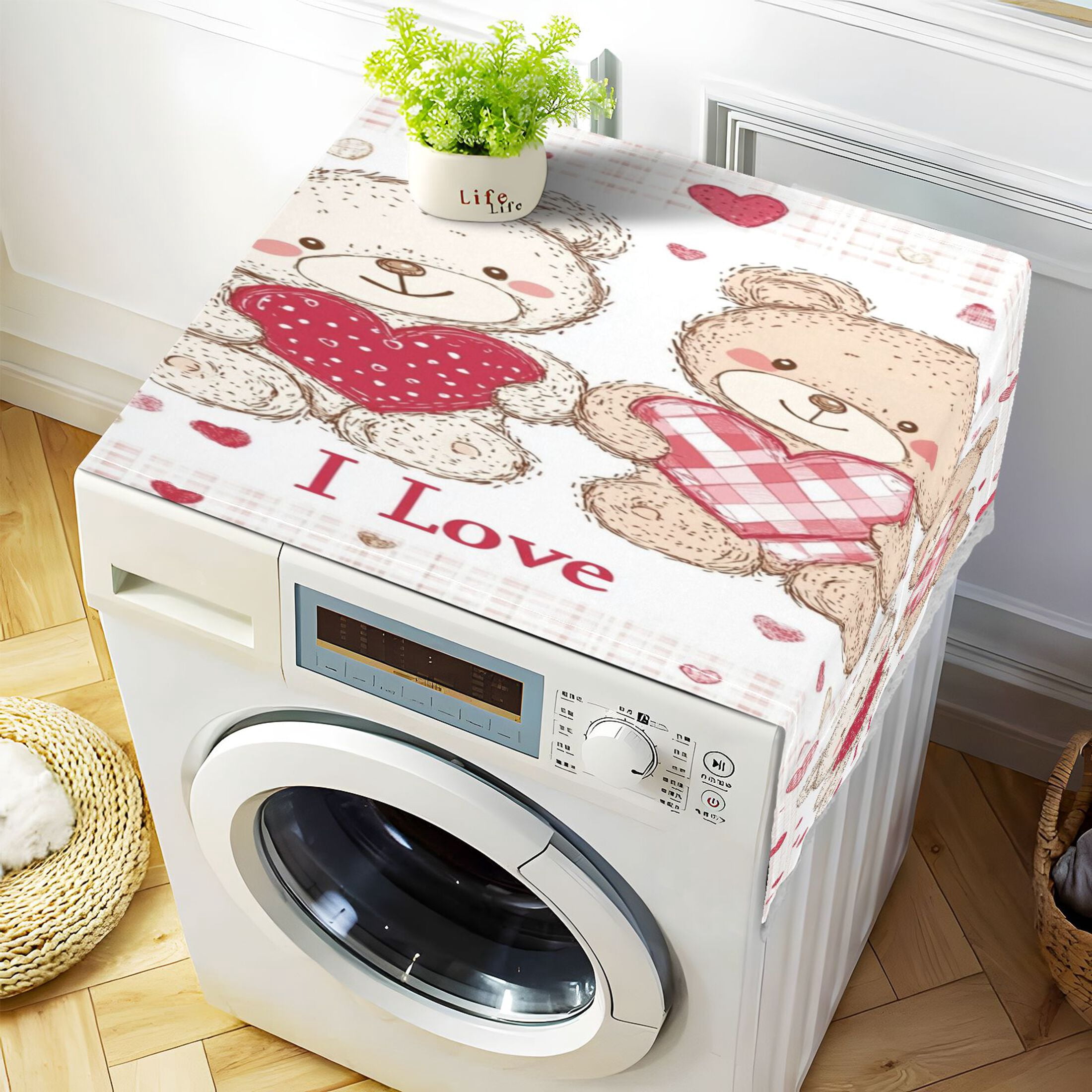 WOBOGO Valentine Teddy Bear Washing Machine Cloth Dryer Refrigerator Top Cover Protective Non-Slip Mat For Kitchen Laundry