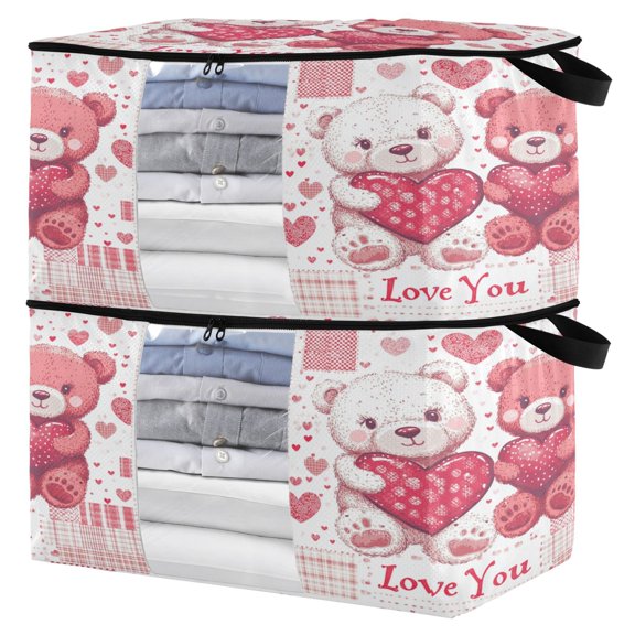 WOBOGO Valentine Teddy Bears Clothes Storage 2Pack Foldable Thick Fabric Blanket Organizer Bag with Handle 21.65×13.78×12.4in