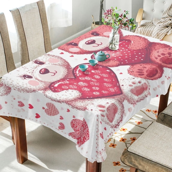 WOBOGO Valentine Teddy Bears Square Tablecloth 54×54in Polyester Fabric Tablecloth Washable Dust Resistant Wrinkle Resistant