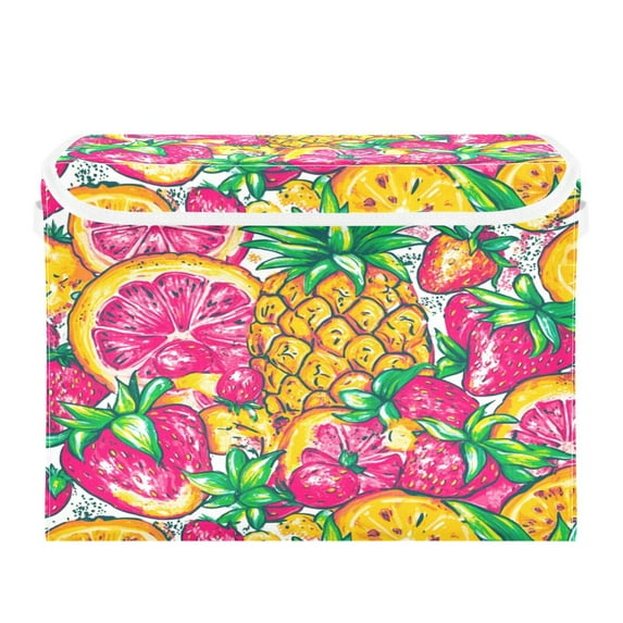 WOBOGO A Vibrant Summer Pattern with Colorful Fruits Large Collapsible Storage Box Flip Lid Fabric Decorative Organizer Container Basket with Handles 16.5×12.6×11.8in