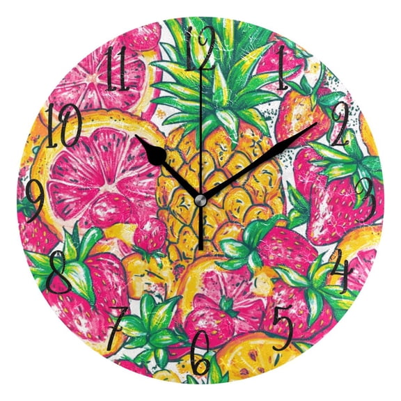 WOBOGO A Vibrant Summer Pattern with Colorful Fruits Wall Clock 10in Silent Mechanism Battery Operated Retro Style for Living Room Bedroom and Kitchen Black Pointer
