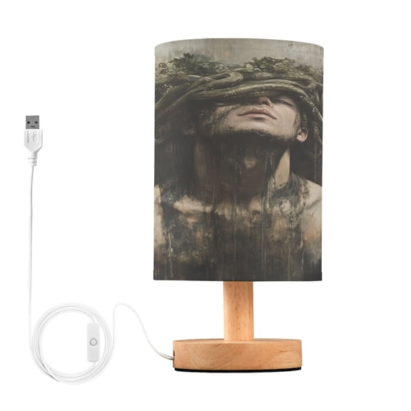 WOBOGO Vine Wrapped Around The Head Bedroom Table Lamp USB Power Connector Wooden Base Round Linen Shade For Living Room Desk