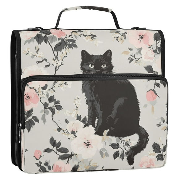 WOBOGO Vintage Black Kitten Ring Binder Bag 1.5in Folder Organizer with Shoulder Strap for 13Inch Laptop and 500 Sheets of Paper