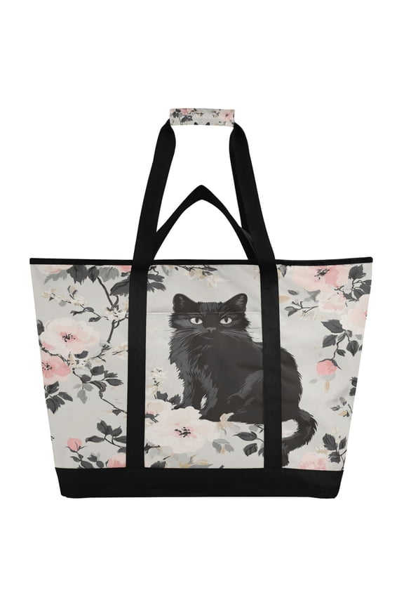 Vintage Black Kitten Tote Cooler Bag Fold Flat Insulated Shopping Bag With Zipper For Work Picnic Beach Use 186.724in