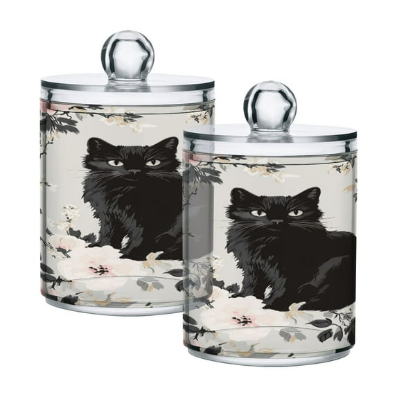 WOBOGO Vintage Black Kitten Transparent Plastic Jar 2pcs Cotton Swabs Balls Pads Floss Stick Dispenser Bathroom Vanity Storage Organizer