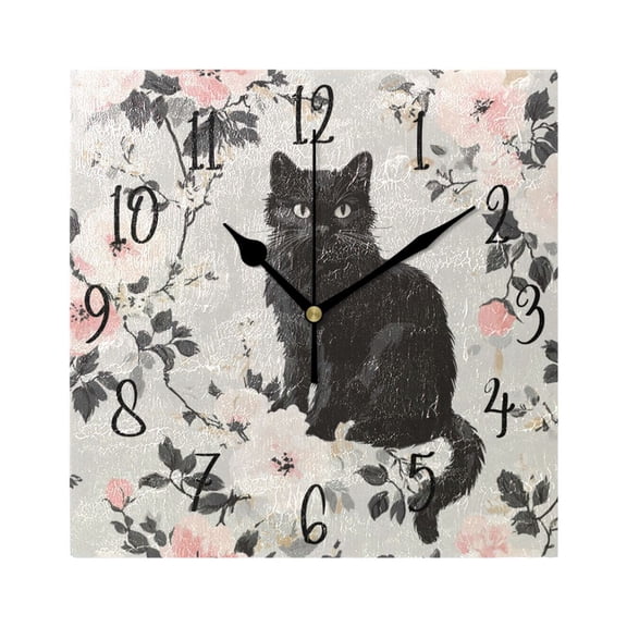 WOBOGO Vintage Black Kitten Wall Clock 7.78 Inch Battery Operated Silent Unit Square Rustic Vintage Style for Home Bedroom Office Black Pointer