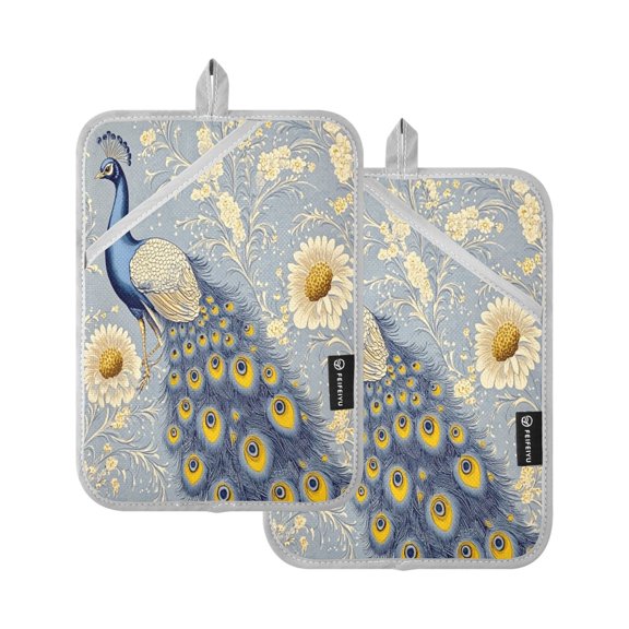 WOBOGO Vintage Blue Peacock Oven Mitts 2 Piece Heat Resistant 338 Degrees F Square Insulation Pads for A Wide Range of Cooking Occasions