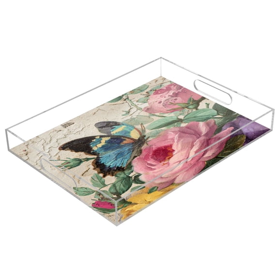 WOBOGO Vintage Butterfly Acrylic Serving Trays 15.7x11.8 Inch Spill Proof Clear Decorative Organizer with Handle