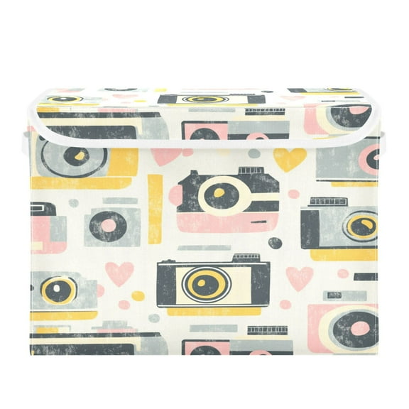 WOBOGO Vintage Film Camera Pattern Large Collapsible Storage Box Flip Lid Fabric Decorative Organizer Container Basket with Handles 16.512.611.8in
