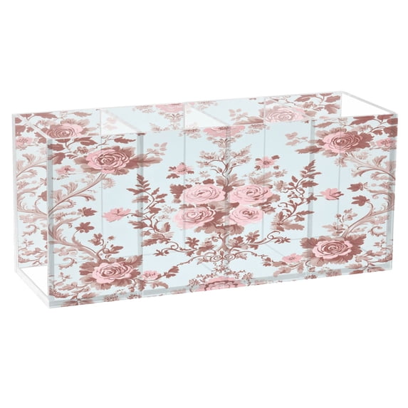 WOBOGO Vintage Floral Lace Acrylic Pen Holder 4 Compartments Clear Pencil Organizer Makeup Brush Storage Case
