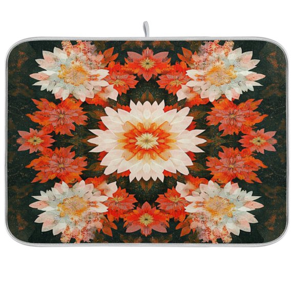 WOBOGO Vintage Orange and White Floral Kitchen Drying Mat Heat Resistant Drainage with Non-Slip Rubber Backing Hides Stains Super Absorbent Easy to Clean 16×18in