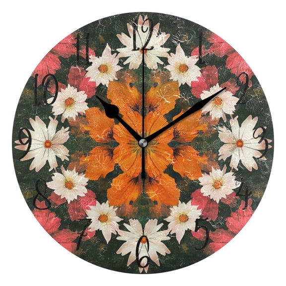 WOBOGO Vintage Orange and White Flower Wall Clock 10in Silent Mechanism Battery Operated Retro Style for Living Room Bedroom and Kitchen Black Pointer