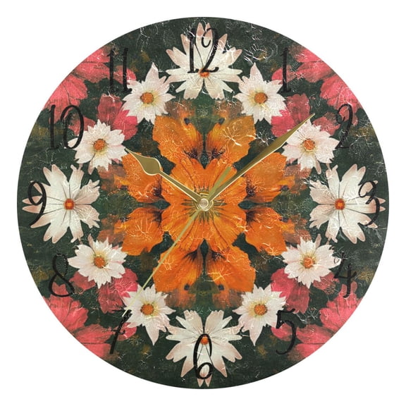 WOBOGO Vintage Orange and White Flower Wall Clock 10in Silent Mechanism Battery Operated Retro Style for Living Room Bedroom and Kitchen Gold Pointer