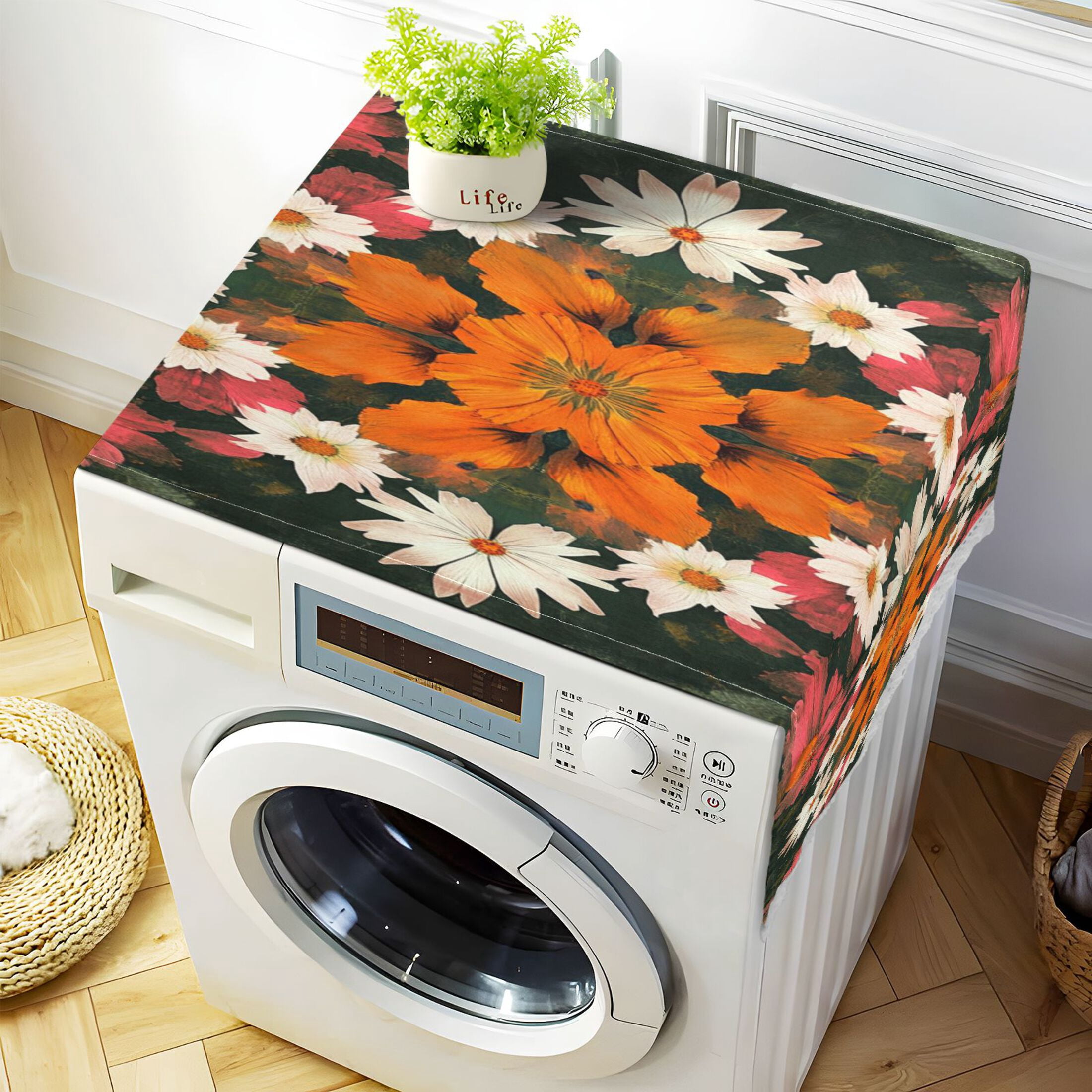 WOBOGO Vintage Orange and White Flower Washing Machine Cloth Dryer Refrigerator Top Cover Protective Non-Slip Mat For Kitchen Laundry