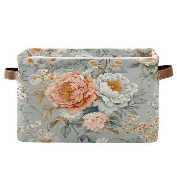 WOBOGO Vintage Peony Floral Square Storage Basket with Waterproof Canvas and PE Lining Durable PU Leather Handles 14.2×10.2×8.3in