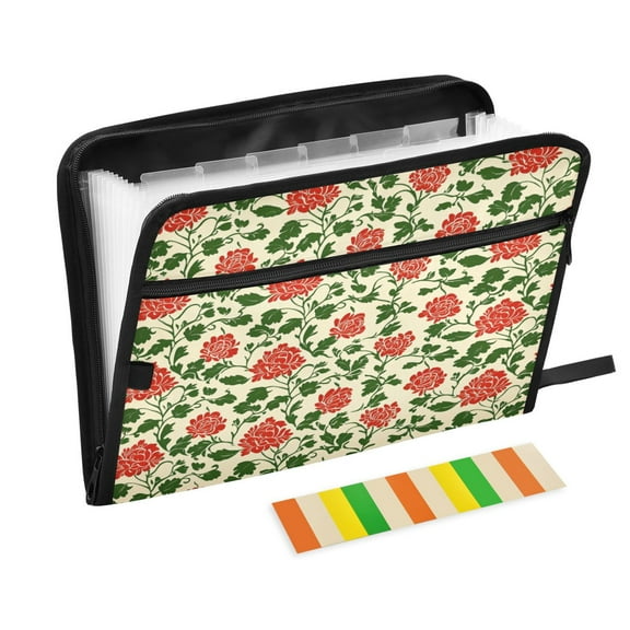 WOBOGO Vintage Red Floral Pattern Expanding File Folder Letter Size Accordion Filing Organizer 13 Pocket Separate Organ Pocket