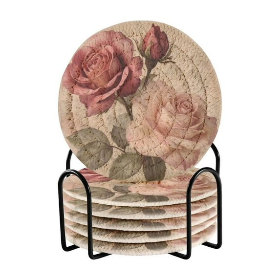 WOBOGO Vintage Rose Coil Coasters Set of 6 Minimalist Cotton Woven 3.94 inch Non-Slip Insulated and Absorbent Home Accessories.