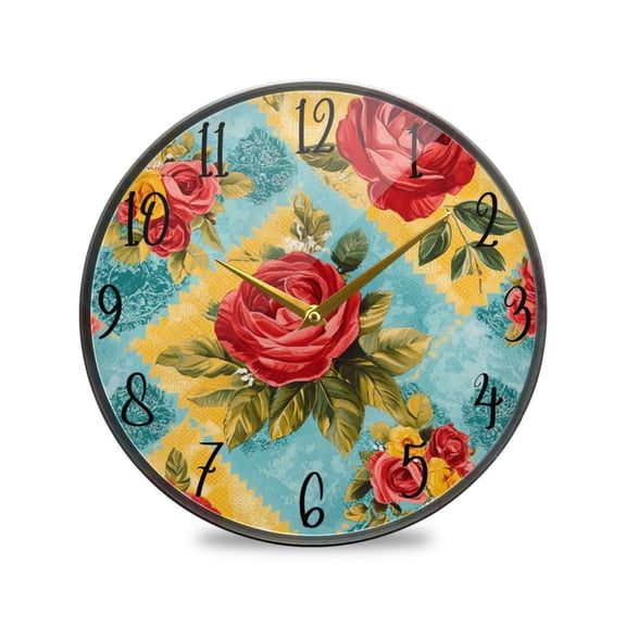 WOBOGO Vintage Rose Quilt Chart Acrylic Wall Clock Battery Operated 11.9in Silent No Tick Bedroom Living Room Office Classroom Decoration
