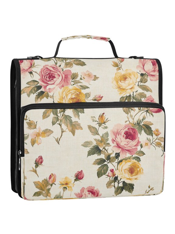 Vintage Shabby Chic Floral Pattern with Roses Ring Binder Bag 1.5in Folder Organizer with Shoulder Strap for 13Inch Laptop and 500 Sheets of Paper