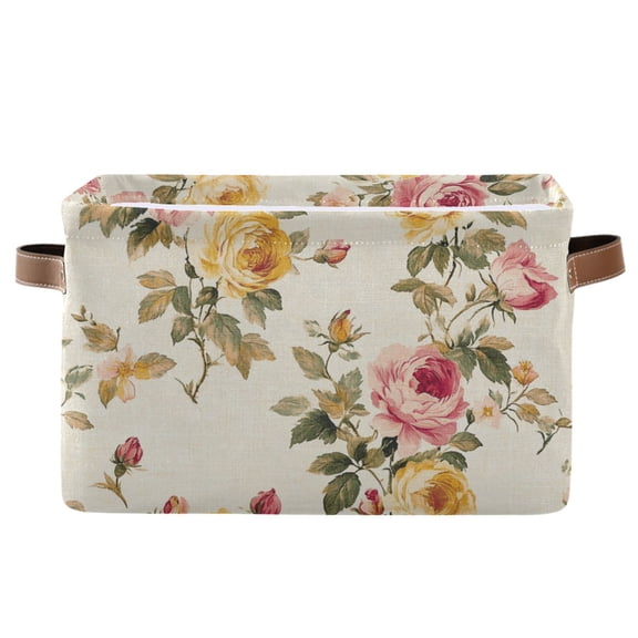 WOBOGO Vintage Shabby Chic Floral Pattern with Roses Square Storage Basket with Waterproof Canvas and PE Lining Durable PU Leather Handles 14.2×10.2×8.3in