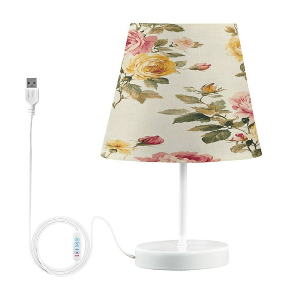 WOBOGO Vintage Shabby Chic Floral Pattern with Roses Table Lamps Bedroom 3-Speed Dimmable Farm Style with Fabric Shade for Reading and Home Office