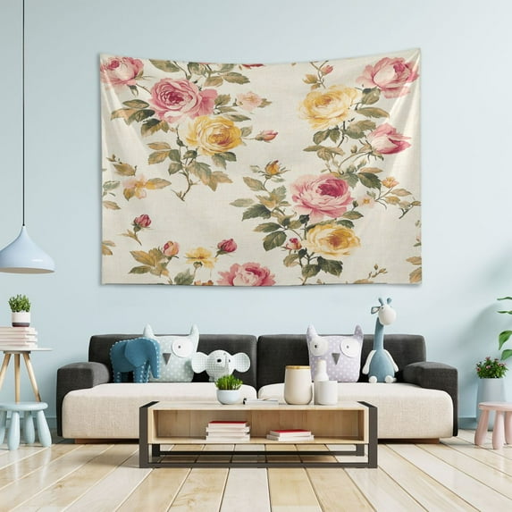 WOBOGO Vintage Shabby Chic Floral Pattern with Roses Tapestry 90×60in Home Living Room Bedroom Wall Hanging Ornaments
