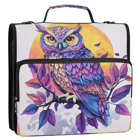 WOBOGO Vivid Purple Owl Ring Binder Bag 1.5in Folder Organizer with Shoulder Strap for 13Inch Laptop and 500 Sheets of Paper