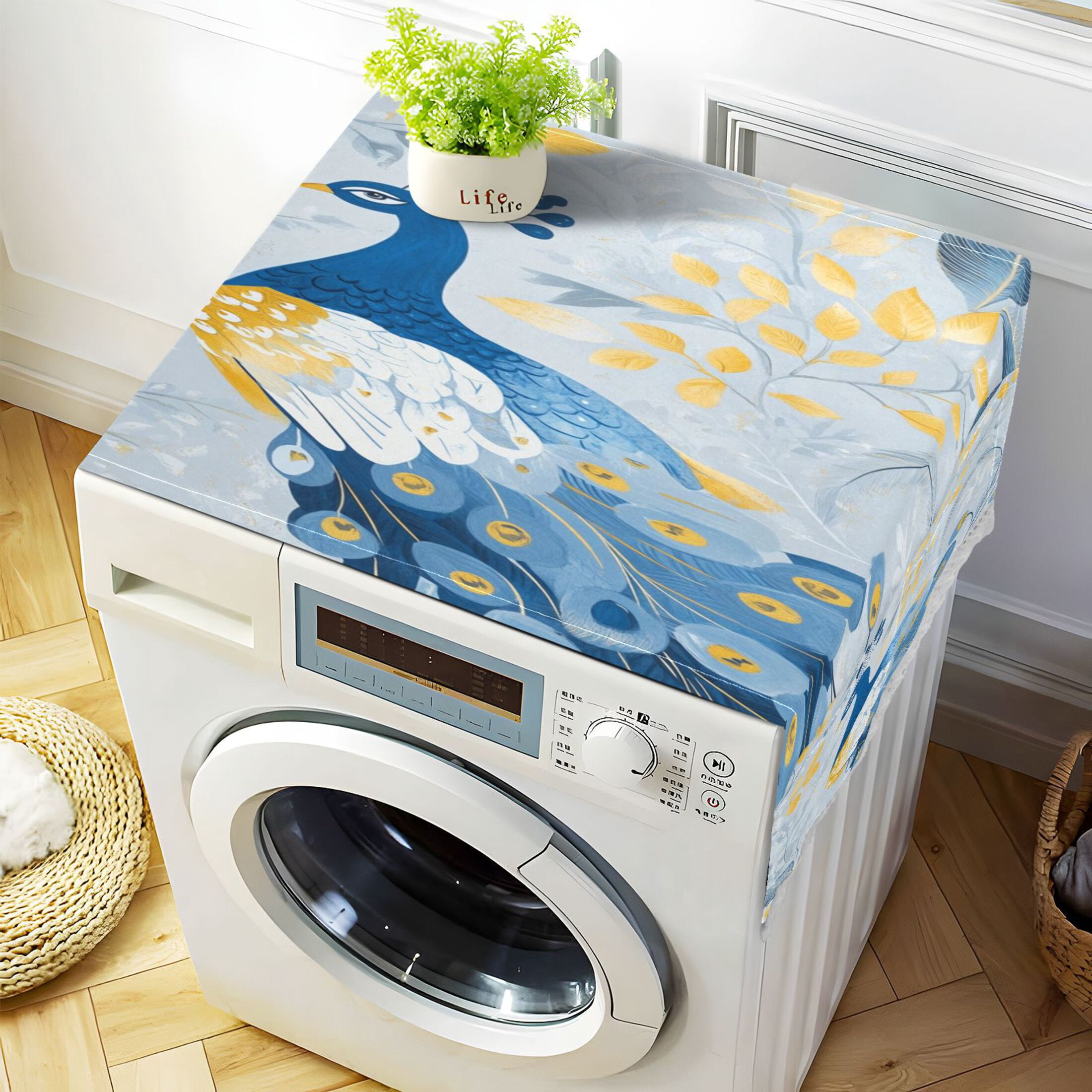 WOBOGO Watercolor Blue Peacock Washing Machine Cloth Dryer Refrigerator Top Cover Protective Non-Slip Mat For Kitchen Laundry