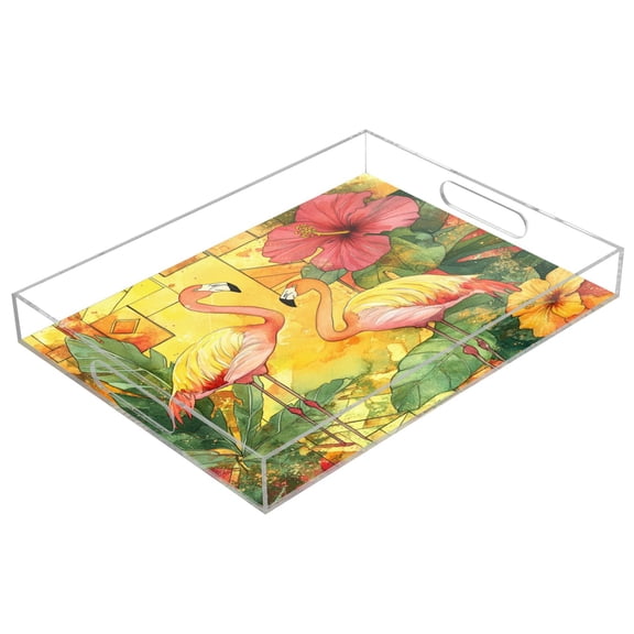 WOBOGO Watercolor Flamingo Acrylic Serving Trays 15.7x11.8 Inch Spill Proof Clear Decorative Organizer with Handle