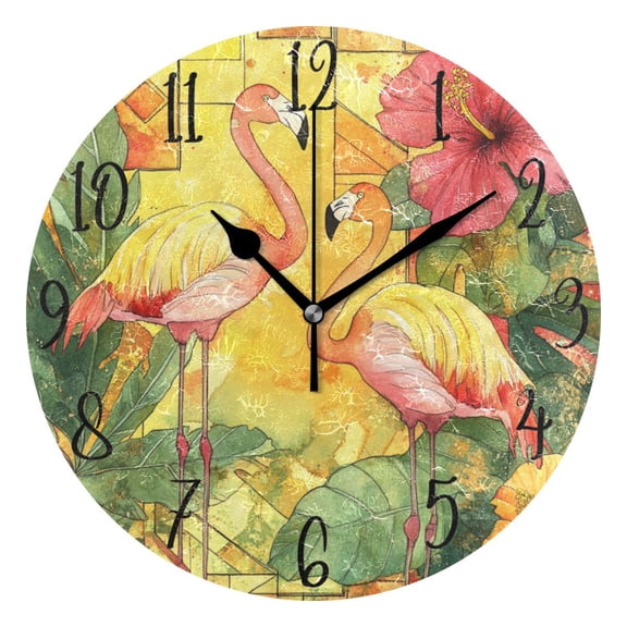 WOBOGO Watercolor Flamingo Wall Clock 10in Silent Mechanism Battery Operated Retro Style for Living Room Bedroom and Kitchen Black Pointer