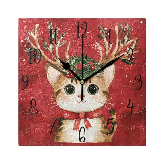 WOBOGO Watercolor Painting Of A Cute Cat Wall Clock 7.78 Inch Battery Operated Silent Unit Square Rustic Vintage Style for Home Bedroom Office Black Pointer