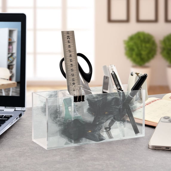 WOBOGO Watercolor Style Black Wolf Acrylic Pen Holder 4 Compartments Clear Pencil Organizer Makeup Brush Storage Case