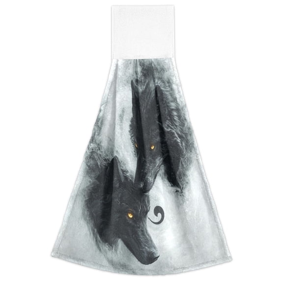 WOBOGO Watercolor Style Black Wolf Hand Towel Set of 2 Absorbent for Kitchen and Bathroom With Velcro Hanging Loop 18.2×14in