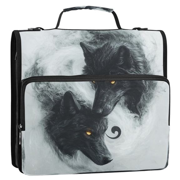 WOBOGO Watercolor Style Black Wolf Ring Binder Bag 1.5in Folder Organizer with Shoulder Strap for 13Inch Laptop and 500 Sheets of Paper